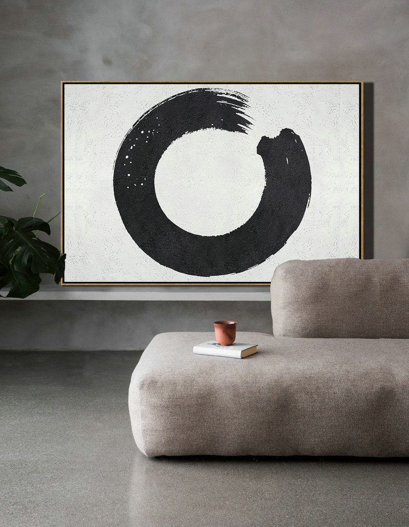 Giant Canvas Wall Art,Oversized Horizontal Minimalist Circle Art On Canvas, Black And White Minimalist Painting - Huge Canvas Art On Canvas